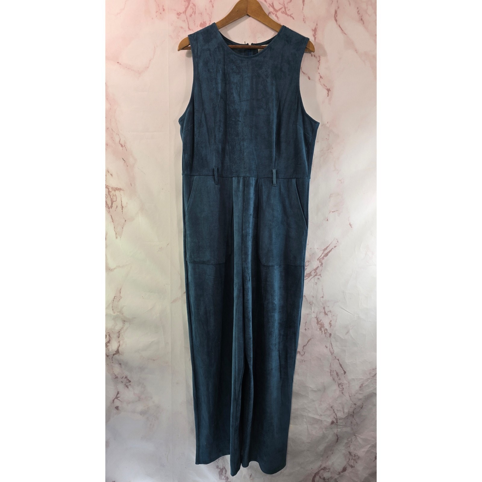 By Anthropologie Jumpsuit Womens Xl Blue Faux Suede Wide Leg Crop Teal Stretch